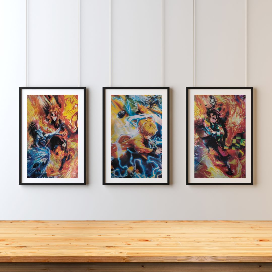 Demon Slayer 3D Poster – Rengoku, Zenitsu & Tanjiro in Action | Dynamic Wall Art