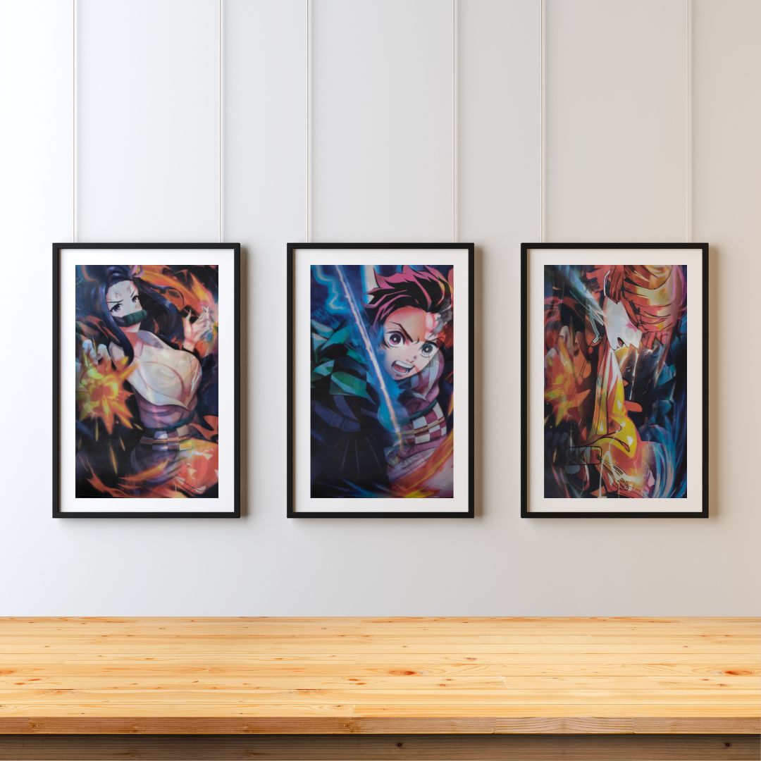 Demon Slayer 3D Poster – Zenitsu, Tanjiro & Nezuko in Action | Dynamic Wall Art